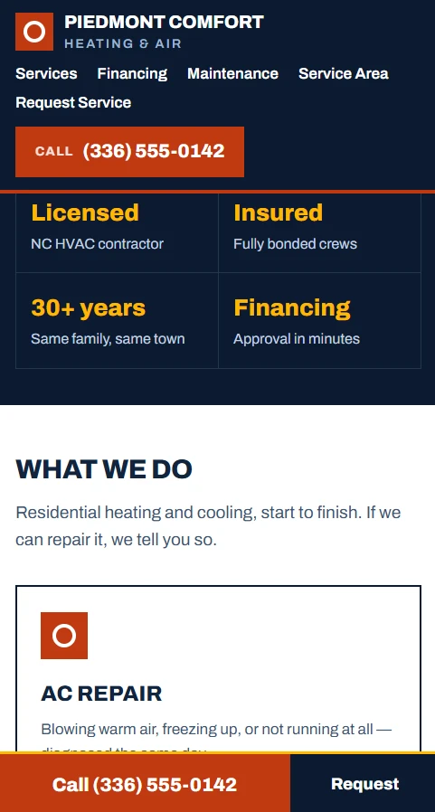 Piedmont Comfort Heating and Air concept site shown on a phone