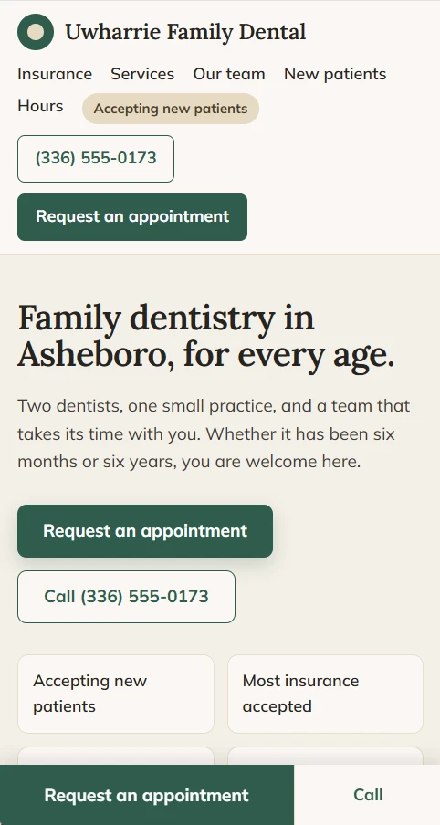 Uwharrie Family Dental concept site shown on a phone
